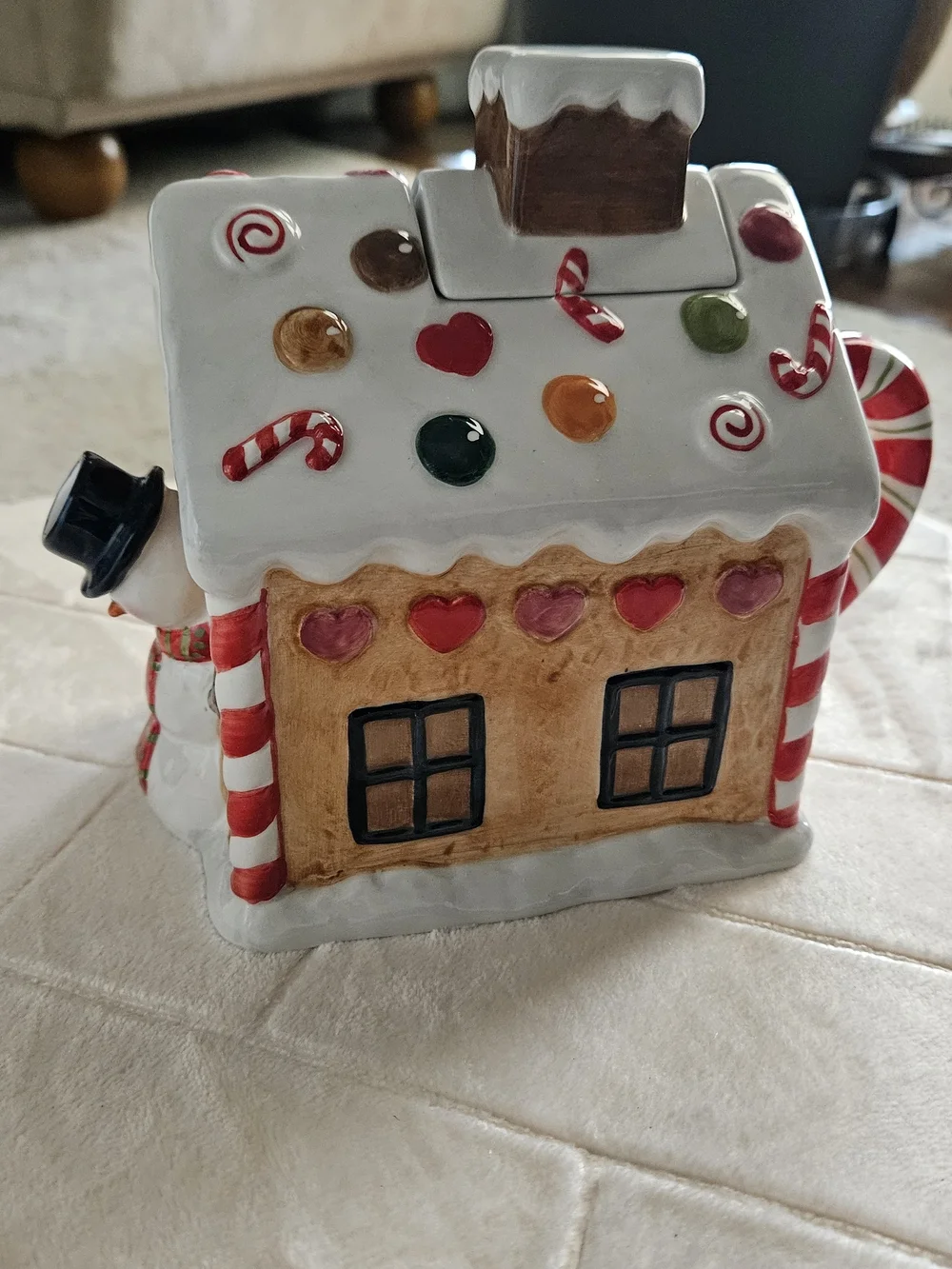 Studio Nova White Gingerbread House Teapot with Red, Green, Orange Accents